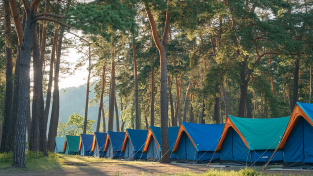 A row of established blue and green canvas shelters in a wooded grove illustrates how some tent campsites have electricity provided through permanent park installations, answering the question: Do tent campsites have electricity?