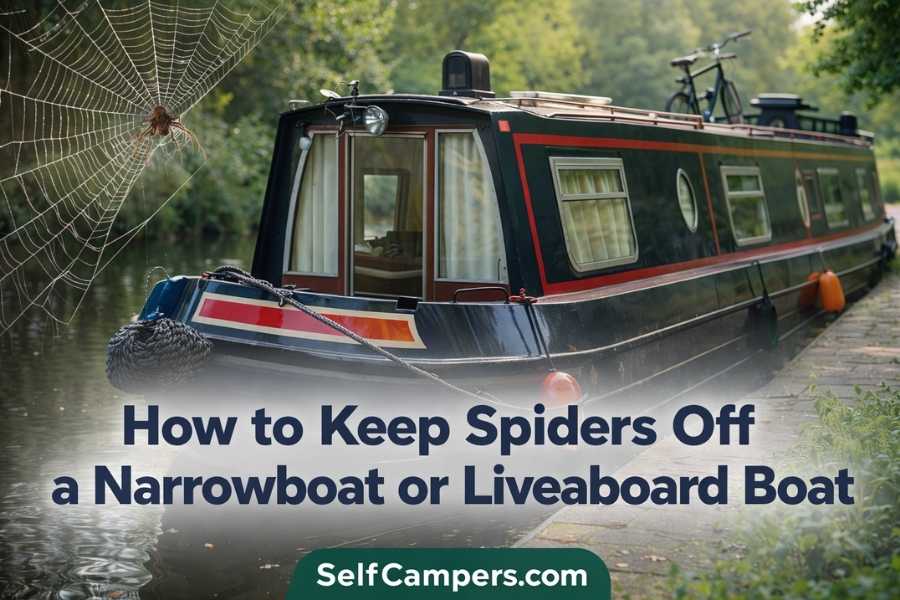Narrowboat moored on a canal with a spider web near the cabin showing how to keep spiders off a liveaboard boat