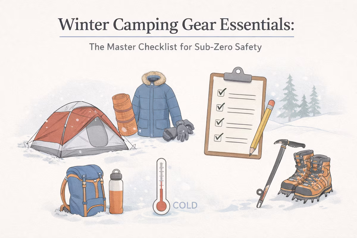 Here is a clean, SEO-optimized alt text you can use: **Alt text:** Minimalist informational diagram titled “Winter Camping Gear Essentials: The Master Checklist for Sub-Zero Safety,” featuring winter tent, insulated jacket, boots, checklist, backpack, and cold-weather camping gear in a clean editorial layout.