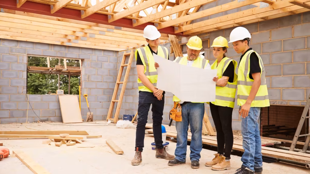 An experienced construction foreman in a yellow hard hat and safety vest reviews a large architectural blueprint with a group of three young workers inside a building under construction, demonstrating the professional guidance and mentorship provided by the best tiny home builders in Arizona.