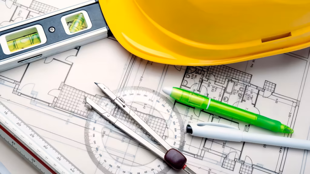A top-down view of a detailed architectural floor plan surrounded by professional drafting tools, including a compass, a spirit level, and a yellow hard hat, representing the technical precision of the best tiny home builders in California.
