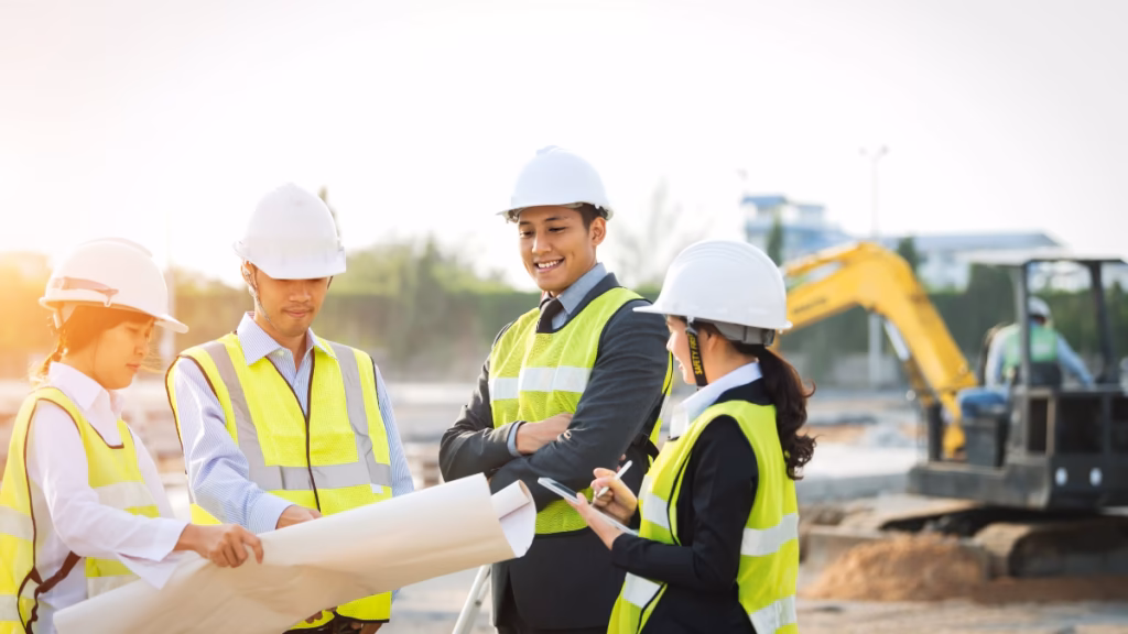 A smiling male project manager in a yellow safety vest and hard hat stands with his arms crossed on a sunny construction site, reviewing plans with his team and an excavator in the background, representing the professional project management offered by the best tiny home builders in Colorado.