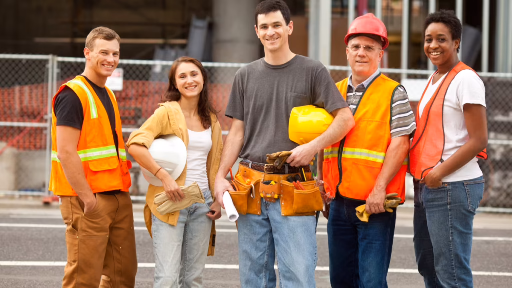 A diverse and smiling team of five construction professionals, including builders and managers in safety gear and tool belts, standing confidently together on a job site to represent the skilled craftsmanship of the best tiny home builders in Oregon.