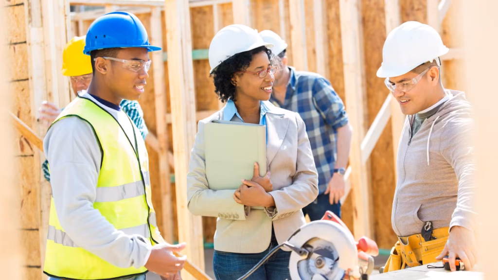 A smiling female project manager in a blazer and white hard hat holds a portfolio while conversing with a diverse team of construction workers on an active building site, representing the collaborative expertise of the best tiny home builders in Utah.