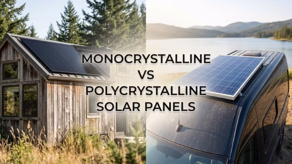 A split landscape view showing two different outdoor residential solar energy setups, featuring both black monocrystalline panels on a wood cabin roof and blue polycrystalline panels on a van roof, used for comparing monocrystalline vs polycrystalline solar panels.