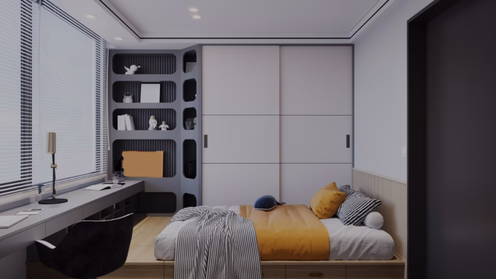 A modern small bedroom featuring an integrated wooden platform bed with storage drawers underneath, a built-in grey desk along a large window with blinds, and floor-to-ceiling cabinetry for maximum space optimization and efficient small space living ideas.