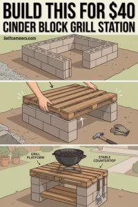 A three step wikiHow style illustration showing how to build a diy grill station using cinder blocks and a wooden pallet countertop with a charcoal grill and cooking tools.