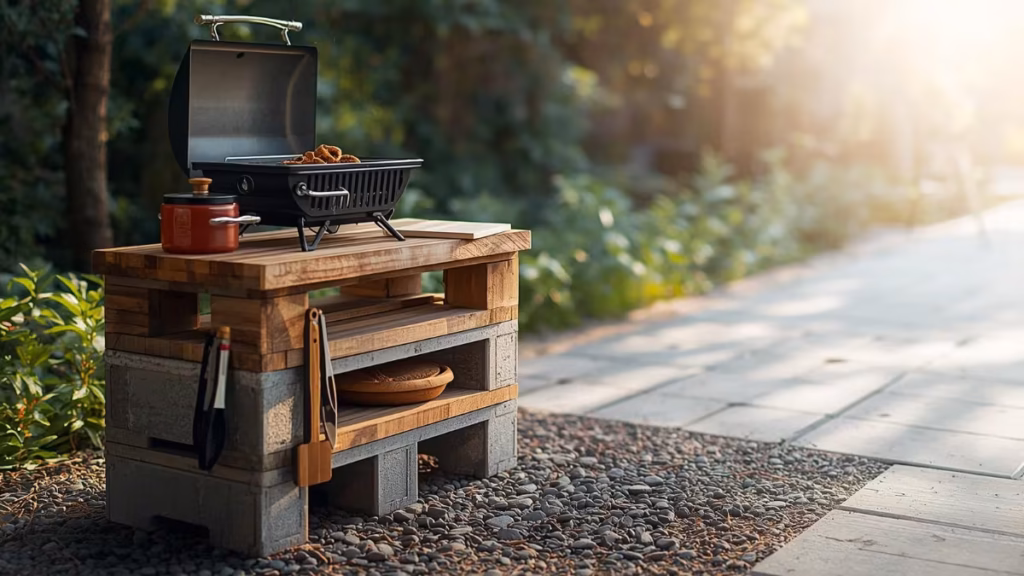 A portable black grill sits atop a rustic diy grill station built from concrete blocks and wooden planks in a sunlit outdoor garden setting.