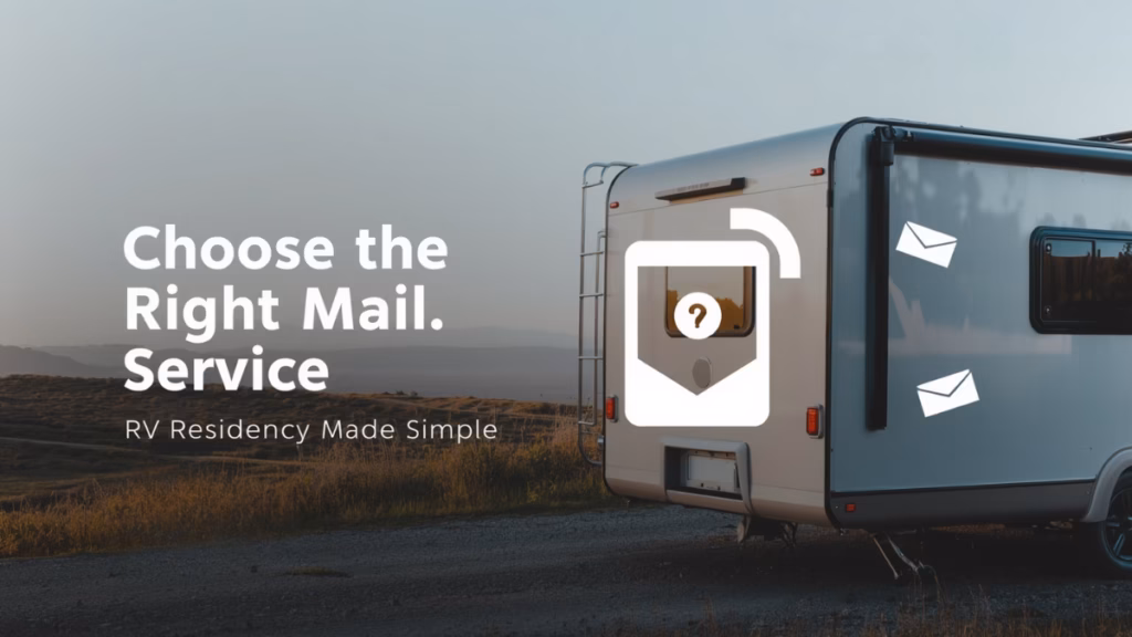 A white graphical envelope icon with a question mark on the rear window of a parked RV camper, illustrating the key decision points for how to choose the right mail forwarding service against a background of rural hills at dusk.
