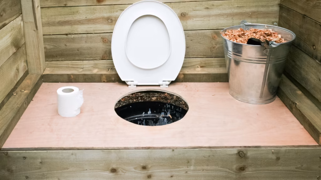 A dry composting setup with a bucket of wood shavings and a scoop illustrates how to keep a camping toilet from smelling by using natural bulking agents to absorb moisture.