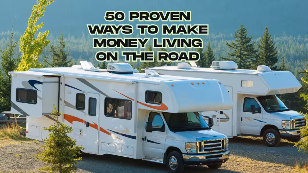 A graphic highlighting various income opportunities such as remote work, seasonal labor, and creative services, with the central text: 50 proven ways to make money living on the road.