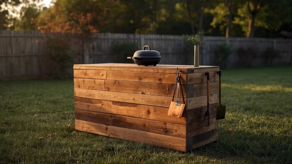 A sturdy reclaimed wood grill station built from horizontal timber planks standing in a grassy backyard with a portable grill and cooking utensils hanging on the side.